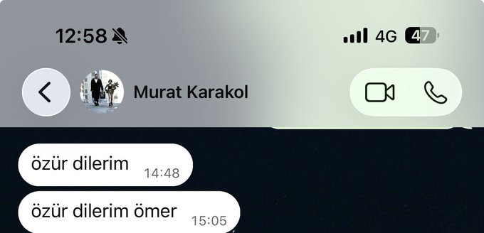 iPhone messaging screenshot showing two consecutive "özür dilerim" (Turkish for "I'm sorry") messages sent to a contact named Murat Karakol at 14:48 and 15:05.