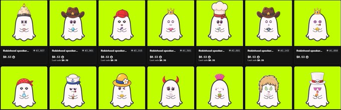 A grid of NFT listings labeled 'RabbitHood speaker...' features various white rabbit characters wearing different hats and accessories on a green background.