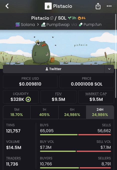 A screenshot of the Pistacio ($Pistacio) token page on a DEX tracker shows a price of $0.009810 (0.0001008 SOL) with an FDV and market cap of $9.5M, along with massive gains of 1,918% in 24H, 24,986% in 6H, and 405% in 1H—visually supporting the poster's claim of being up 1,918x from their entry point.