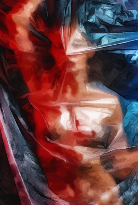 An abstract, heavily distorted digital artwork featuring a figure partially obscured by crumpled, translucent material and streaked with intense red and blue tones, evoking the themes of struggle and emergence described in the NFT listing "The First Breath of Freedom," priced at 29 XRP (3/3) on @xrpcafe.
