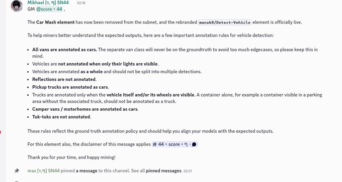 A Discord screenshot of a GM announcement from 'Mikhael [1, TJ] SN44' explaining annotation rules for the 'manakō/Detect-Vehicle' element, including guidelines for vans, reflections, and pickup trucks.