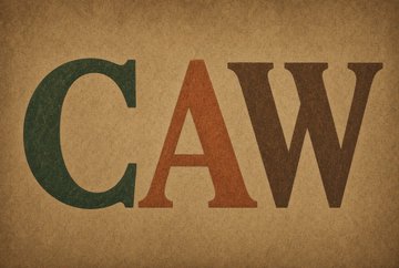 The letters "CAW" are displayed in green, red, and brown textured fonts against a brown background, resembling vintage typography.