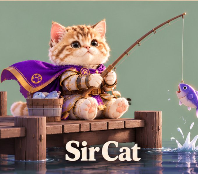 An adorable digital illustration of a kitten dressed as a knight fishing off a wooden dock, with the text 'SirCat' at the bottom.