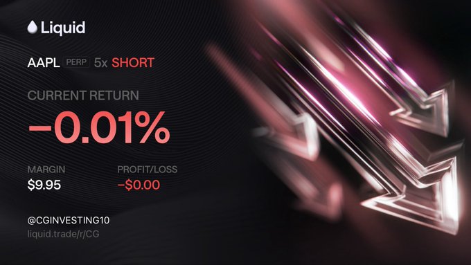 A Liquid exchange position card shows an AAPL PERP 5x SHORT trade with a -0.01% current return, $9.95 margin, and -$0.00 profit/loss, linked to liquid.trade/r/CG.