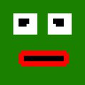 A simple pixelated green square character with white eyes and a wide red smiling mouth, styled after the classic "angry face" emoji but inverted with a cheerful grin. The image ties into the PEPE meme culture referenced in the post, presenting a stylized version of the iconic frog character associated with internet meme legend status.