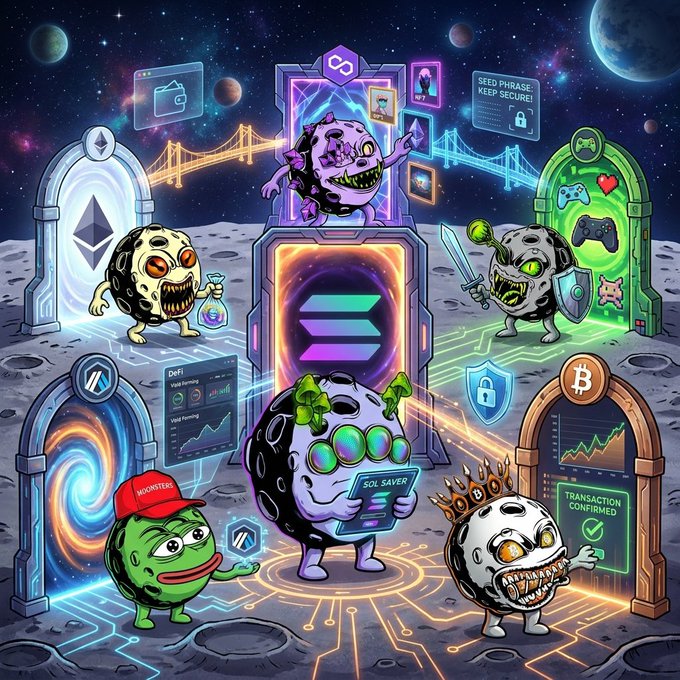 A vibrant cosmic scene shows various cartoonish "Moonsters" characters standing near glowing portals adorned with crypto symbols like Ethereum and Bitcoin, NFT icons, and DeFi charts, with security messages and "TRANSACTION CONFIRMED" visible on screens. The image complements the post's theme by using its playful monster characters and multiple blockchain gateways as a metaphor for the many crypto options that can distract investors, reinforcing the message to stay focused on long-term investments despite market downturns.