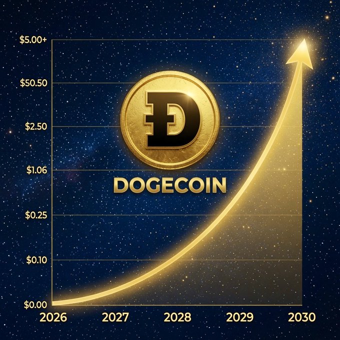 A speculative Dogecoin price chart showing projected growth from $0.00 in 2026 to over $5.00 by 2030 with an upward trending arrow.