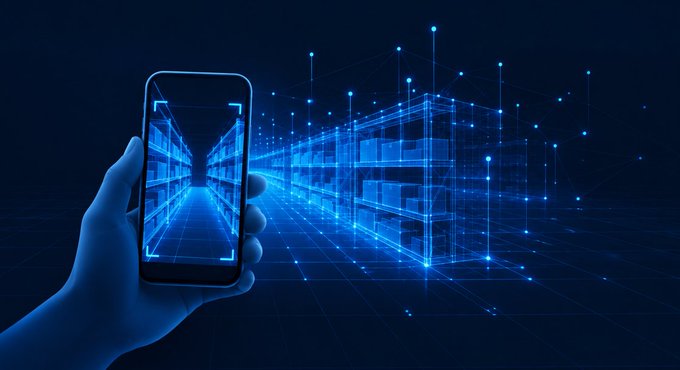 A hand holds a smartphone with a glowing blue scanner screen that projects a futuristic wireframe building with data nodes and connections.