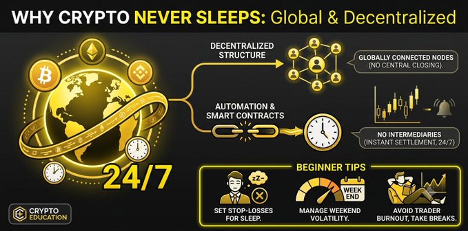 The infographic, titled "WHY CRYPTO NEVER SLEEPS: Global & Decentralized," illustrates the 24/7 nature of cryptocurrency markets through icons highlighting decentralized structures, automation via smart contracts, and globally connected nodes that allow for instant settlement without intermediaries. It also offers "Beginner Tips" like setting stop-losses for sleep, managing weekend volatility, and avoiding trader burnout, which directly supports the post's story about being amazed that a Sunday 2:00 AM buy order filled in just 3 seconds—a stark contrast to traditional stock market hours.