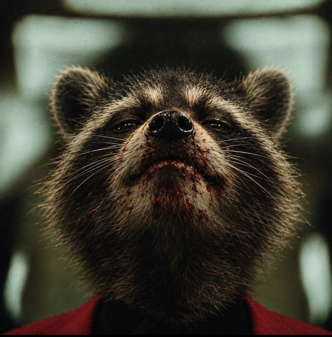 A close-up, dark portrait of a raccoon-like creature wearing a red garment, with blood around its mouth.
