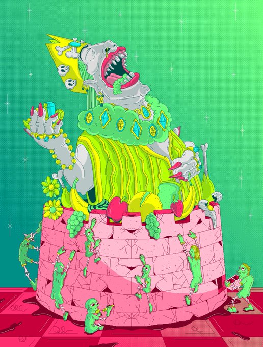 A colorful, surreal digital illustration of a zombie-like king wearing a crown, dripping with slime, holding a goblet of gold coins, and standing atop a crumbling pink tower where small green creatures climb.