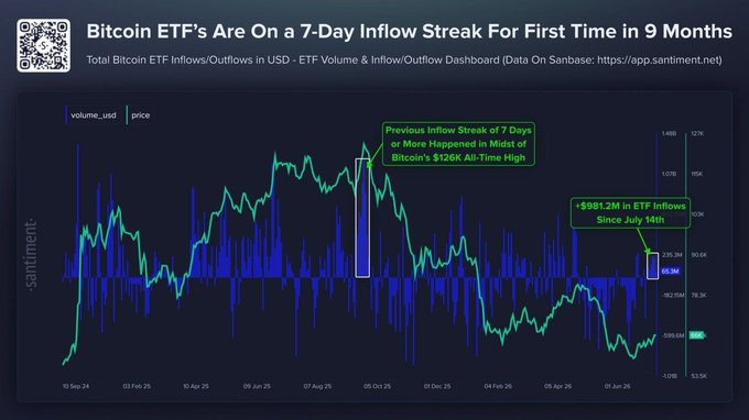 A chart from Santiment shows spot Bitcoin ETF inflows totaling +$981.2M since July 14th, marking a 7-day inflow streak—the first in nine months—with the previous such streak noted during Bitcoin's $126K all-time high in mid-2025. The visualization plots daily ETF volume (blue bars) against BTC price (green line), highlighting renewed institutional demand aligning with Bitcoin's recent recovery toward $113K.