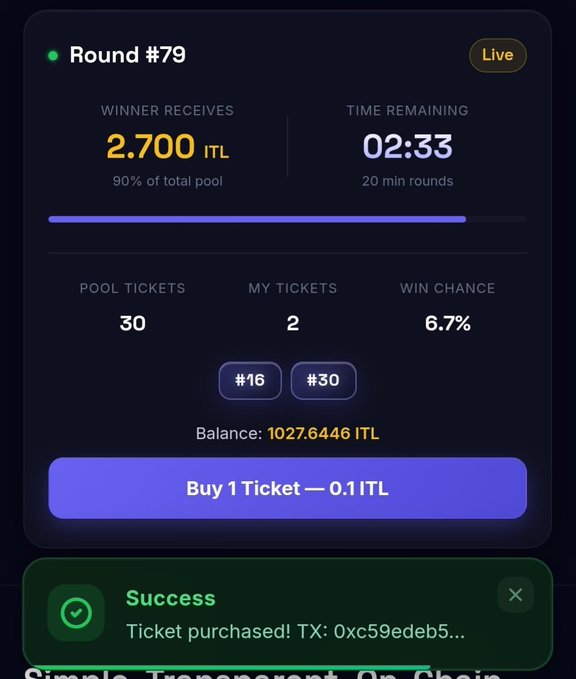 A screenshot of the LuckyLinker jackpot platform on InterLink's Seoul Private Mainnet shows Round #79 with a 2.700 ITL prize pool, 2:33 remaining, and a successful ticket purchase for 0.1 ITL (tickets #16 and #30), giving the user a 6.7% win chance.