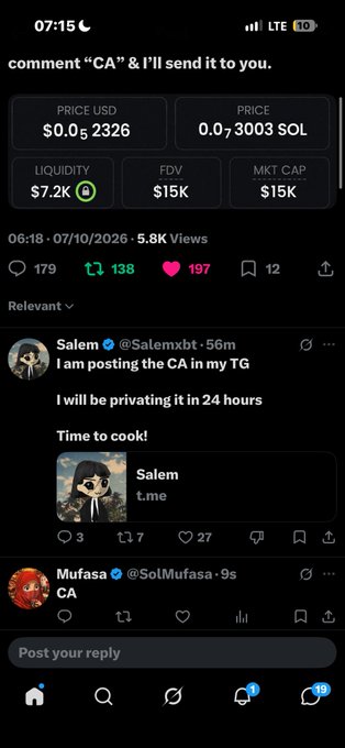 A social media post asking users to comment 'CA' to receive information, showing token metrics ($0.005 of $2326 USD), with a Salem t.me link shared and 5.8K views dated 07/10/2026.