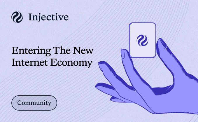 An Injective promotional graphic with the tagline 'Entering The New Internet Economy' and a 'Community' button, featuring a purple illustrated hand holding a card with the Injective logo.