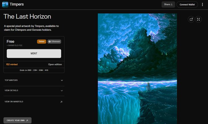 A screenshot of an NFT minting page titled 'The Last Horizon' by Timpers, featuring a free mint (152 minted) and digital artwork of a dramatic seascape with two figures standing on a cliff.