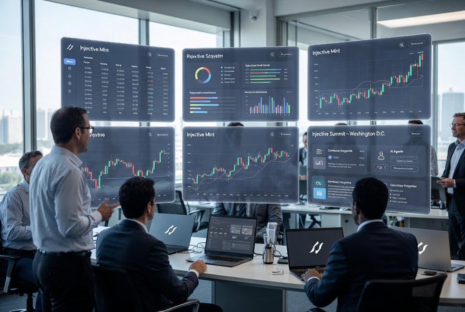 A modern office scene where professionals analyze financial trading data on multiple large transparent holographic screens displaying charts, candlesticks, and market dashboards.