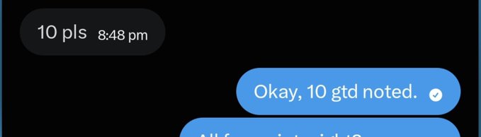 A screenshot of an iMessage conversation shows a user requesting "10 pls" at 8:48 PM, followed by the reply "Okay, 10 gtd noted," confirming a free giveaway of NFTs. The exchange relates to the user's post announcing 10 guaranteed spots for a free NFT mint from robinApe NFT on Robinhood chain.