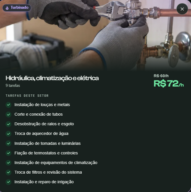 A service job listing for 'Hidráulica, climatização e elétrica' (Plumbing, HVAC and Electrical) with 9 tasks listed and an hourly rate increased from R$ 60/h to R$ 72/h, showing a plumber working on pipes.