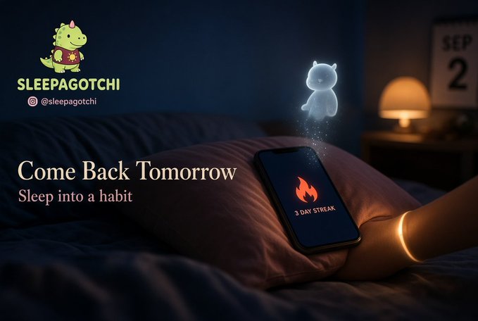 A Sleepagotchi promotional image shows a glowing pet figure rising from a smartphone displaying a 3-day streak. Visible text reads “SLEEPAGOTCHI,” “@sleepagotchi,” “Come Back Tomorrow,” and “Sleep into a habit.”