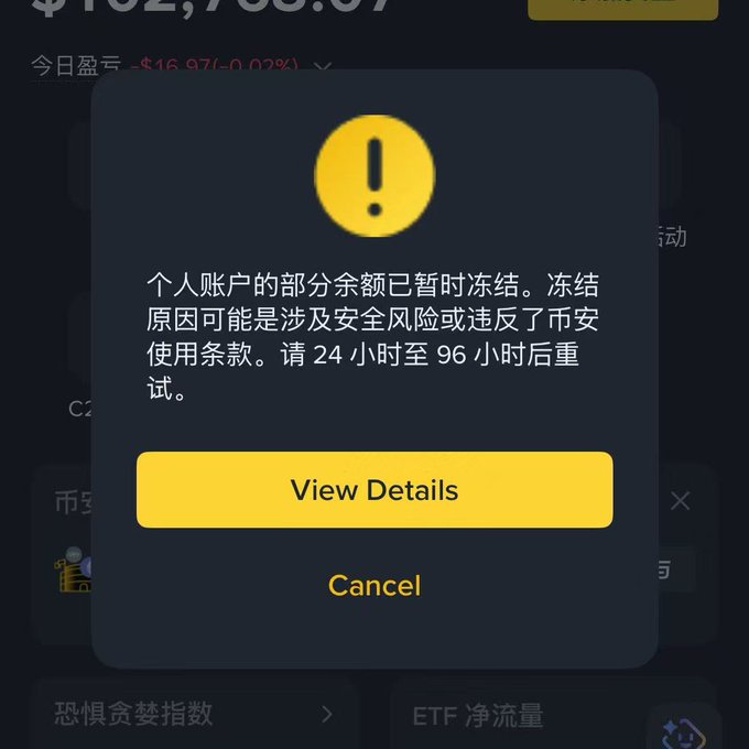 The image shows a screenshot of an app with a yellow error message displayed in the top left corner, indicating that something has gone wrong within the app. The background of the screen features Chinese text, suggesting that the message may be related to foreign markets or currency exchange rates, which is what the post about trading options in China implies.