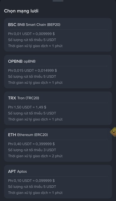 Dark-themed network selection menu (in Vietnamese) listing cryptocurrency transaction options including BSC, OPBNB, TRX, ETH, and APT with their respective fees and processing times.