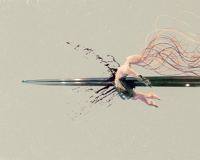 A surreal digital artwork depicting a figure pierced through horizontally by a sword, with swirling lines emerging from one end and dark splatters on the other, set against a textured background.