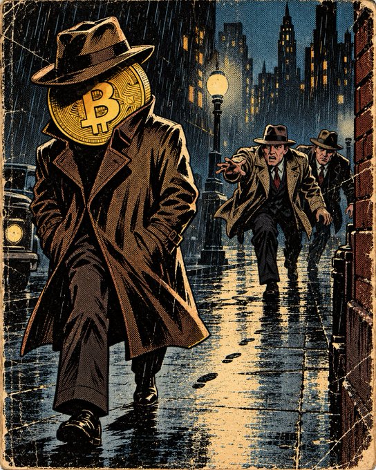 A noir-style illustration depicting a mysterious figure in a trench coat and fedora with a Bitcoin coin for a head, being followed by two men in suits down a rainy city street.