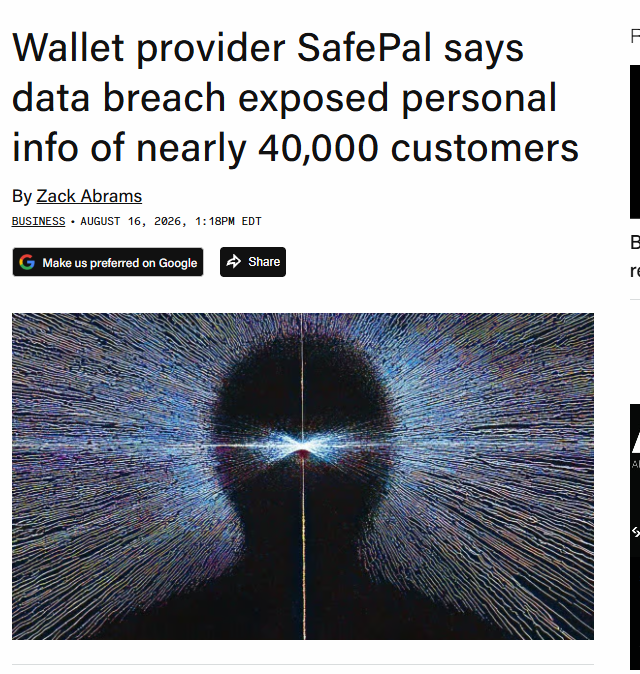 The image is a news article headline stating "Wallet provider SafePal says data breach exposed personal info of nearly 40,000 customers," authored by Zack Abrams and dated August 16, 2026, accompanied by an abstract digital image of a silhouetted hooded figure surrounded by streaks of light. The accompanying post in Vietnamese translates to a warning that even with safe crypto wallets and seed phrases, risks remain—highlighting that SafePal confirmed a data breach affecting nearly 40,000 customers, with the danger not necessarily lying in private keys or recovery phrases.
