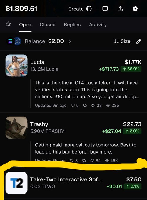 A screenshot of a crypto/stock trading app showing a portfolio balance of $1,809.61, with listings for "Lucia" ($1.77K), "Trashy" ($22.73), and "Take-Two Interactive Sof..." (TTWO at $7.50) highlighted in yellow.