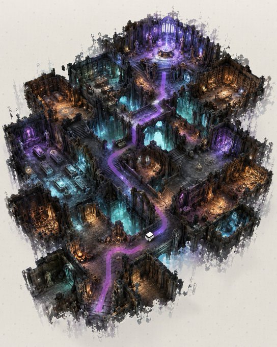 A diamond-shaped isometric fantasy dungeon map featuring illuminated chambers, glowing purple pathways, and icy blue accents with no visible text or numbers. The image appears unrelated to the post, which discusses a robotic vacuum product comparison.