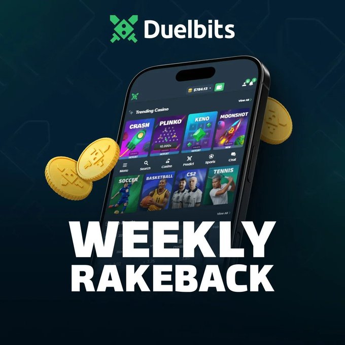 A promotional graphic for Duelbits mobile casino and sportsbook app advertising 'WEEKLY RAKEBACK' with games like Crash, Plinko, Keno, and sports betting options visible.