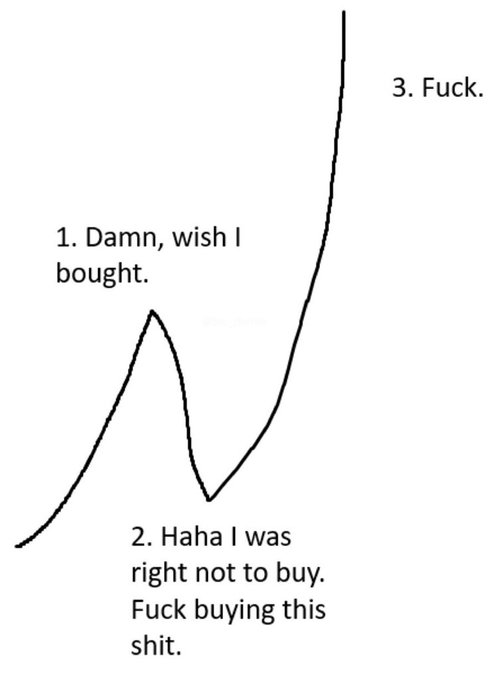 A humorous line graph meme showing the emotional stages of missing out on a purchase: '1. Damn, wish I bought.' at a peak, '2. Haha I was right not to buy. Fuck buying this shit.' at the trough, and '3. Fuck.' at the final dramatic rise.