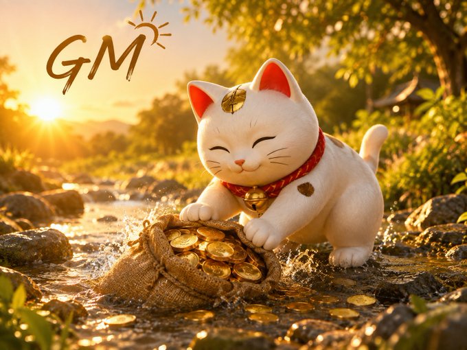 An illustrated 'Good Morning' graphic featuring a smiling white Maneki-neko (lucky cat) with a gold coin on its forehead, reaching into a sack overflowing with gold coins by a stream at sunrise, with 'GM' written in the corner.