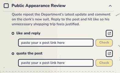 A screenshot of a 'Public Appearance Review' section instructs users to quote repost a Department update, comment on a clerk's new suit, and like/reply to justify an unnecessary shopping trip, with fields to paste X post links.