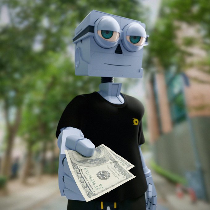 A 3D-rendered blue robot character wearing a black t-shirt with a yellow 'D' logo, holding a one hundred dollar bill outdoors.