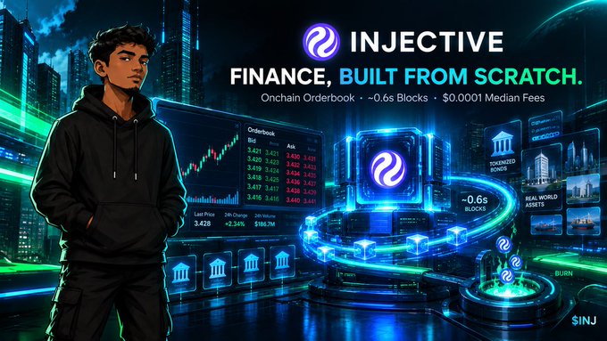 A promotional graphic for INJECTIVE cryptocurrency featuring a young man in a hoodie, with text reading 'FINANCE, BUILT FROM SCRATCH' and 'Onchain Orderbook ~0.6s Blocks $0.0001 Median Fees'.