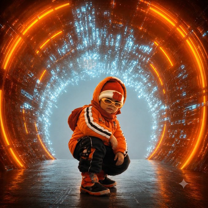 urn of fire, orange and blue lights, and a child's reflection in the center of an orange tunnel.