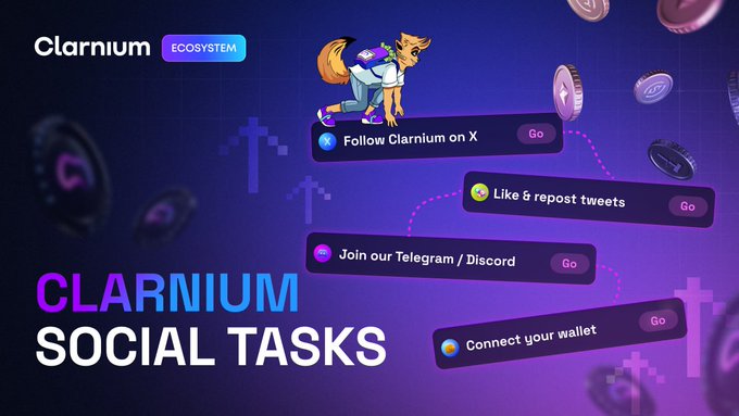 The image depicts a vibrant advertisement for an app called @clarnium_io or "Clarnium", which allows users to launch and promote various tokens using only a few clicks. The app promotes the social aspect of token trading, providing tools that help users build their communities and interact with others through the exchange of these tokens. This highlights the focus on community engagement within the app's ecosystem strategy.