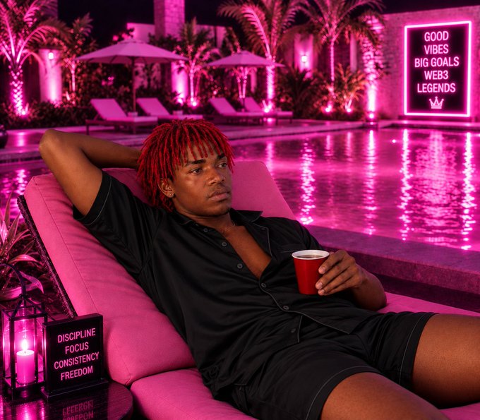 A young man with red dreadlocks relaxing on a pink lounge chair by a pool, with neon signs reading 'GOOD VIBES BIG GOALS WEB3 LEGENDS' and 'DISCIPLINE FOCUS CONSISTENCY FREEDOM'.