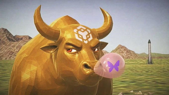 A golden bull with a Binance logo on its forehead blows a pink bubble featuring the Metamask symbol, while a rocket launches in the background, symbolizing the bull market. The image humorously illustrates the post's warning that chasing the profits of skilled "PvP" traders (the bull and rocket) can lead to losses for everyday investors, who should cut their losses rather than force themselves into competitive market play.