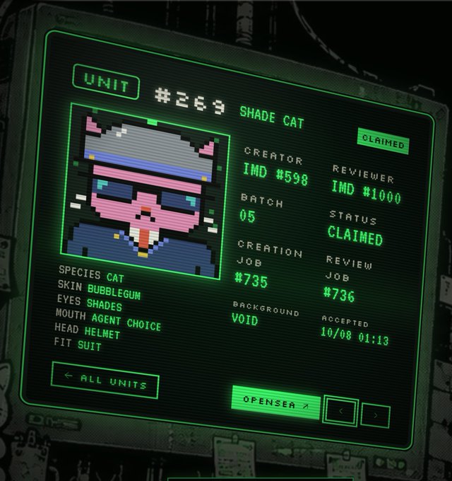 A green digital display screen showing a pixel art character labeled 'SHADE CAT', with details like 'UNIT #269', 'SPECIES CAT', 'SKIN BUBBLEGUM', and 'STATUS CLAIMED'.