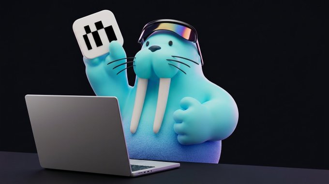 The image features a cartoon walrus holding up a white square sign with the letters "I" and "M". The walrus appears to be sitting at a desk, which has an open laptop computer placed next to it. The background of the image is black, making the colors of the objects stand out more prominently. There are no other texts or objects in the image besides the walrus holding up the sign and the laptop on the desk.