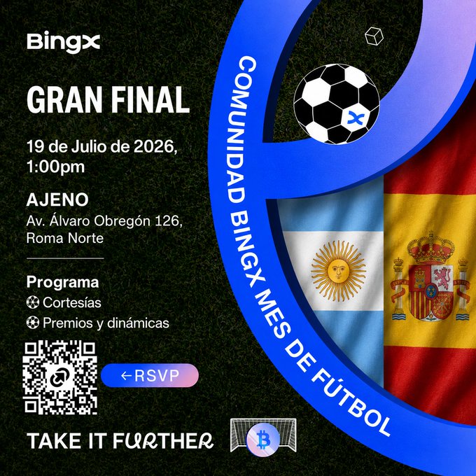 A BingX event flyer for the 'Gran Final' on 19 de Julio de 2026 at 1:00pm at Ajeno, featuring soccer/football imagery, flags of Argentina and Spain, a QR code for RSVP, and the tagline 'TAKE IT FURTHER.'