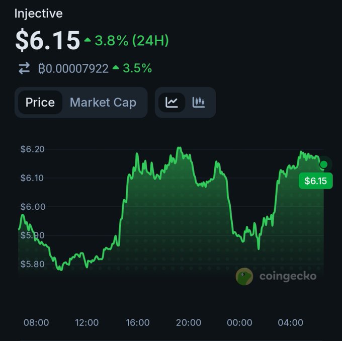 A CoinGecko price chart for the cryptocurrency 'Injective' showing a current price of $6.15, up 3.8% (24H), with a green line graph spanning from 08:00 to 04:00.