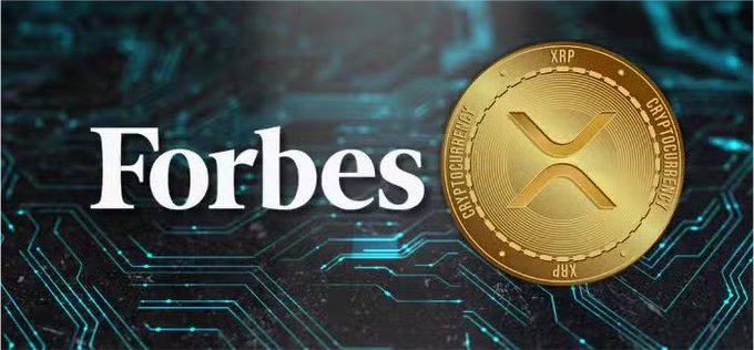 The image features the Forbes logo alongside a gold XRP cryptocurrency coin set against a circuit board background, with text around the coin's edge reading "CRYPTOCURRENCY" and "XRP." The graphic visually reinforces the post's claim about a bold Forbes prediction for XRP reaching $17,500 within weeks.