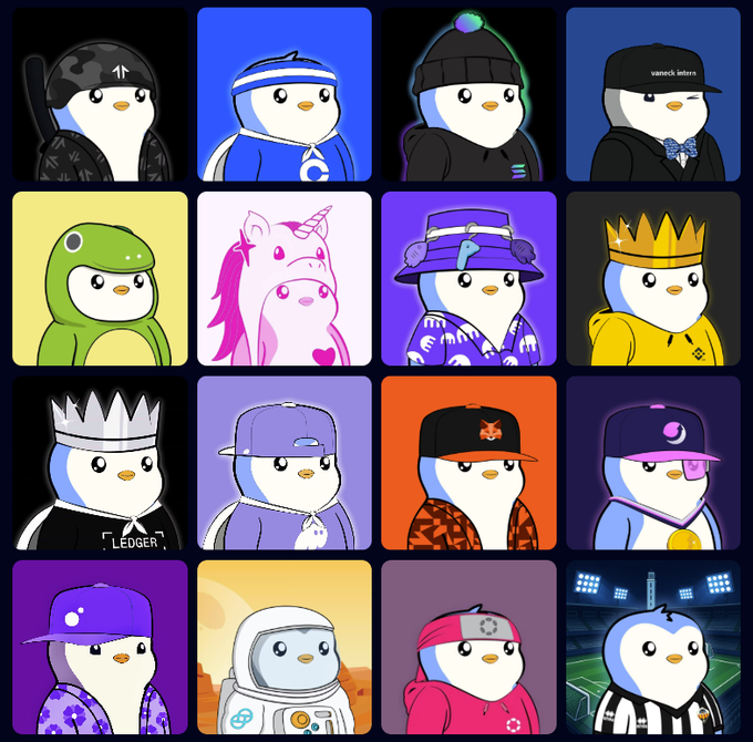 A 4x4 grid of cartoon penguin avatars styled as PFP NFTs, each wearing distinct accessories and outfits including crowns, hats, helmets, and hoodies, with visible text such as "LEDGER," "vaneck intern," and various crypto-related logos and emojis.

The image relates to "Believe in something" by showcasing a diverse collection of penguin characters, suggesting that each represents a unique identity or community—mirroring the message of standing by something you believe in, even if it's as simple as your favorite PFP aesthetic or crypto project.