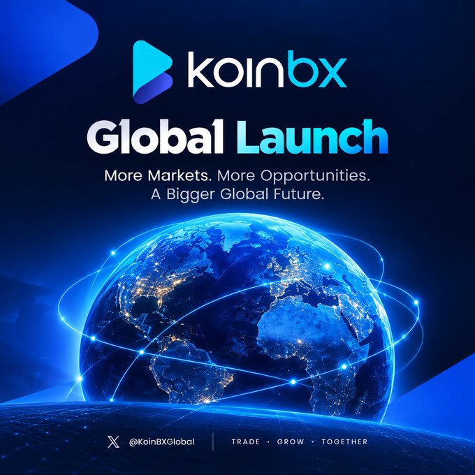 An advertisement for 'koinbx Global Launch' featuring a glowing blue globe with connecting lines, promoting 'More Markets. More Opportunities. A Bigger Global Future,' with the handle @KoinBXGlobal and tagline 'TRADE • GROW • TOGETHER.'