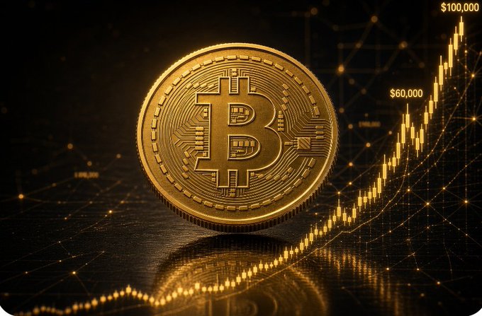 A golden Bitcoin coin displayed prominently against a dark background with an ascending candlestick chart showing prices reaching up to '$100,000' with '$60,000' marked.