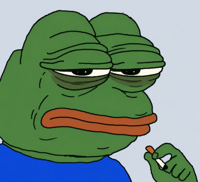 An illustration of Pepe the Frog with a weary, deadpan expression, wearing a blue shirt and holding a lit cigarette in his hand.